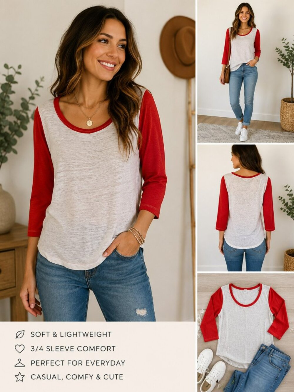 Red Off White Raglan Baseball Tee 3/4 Sleeve Fall Game Day Top-S